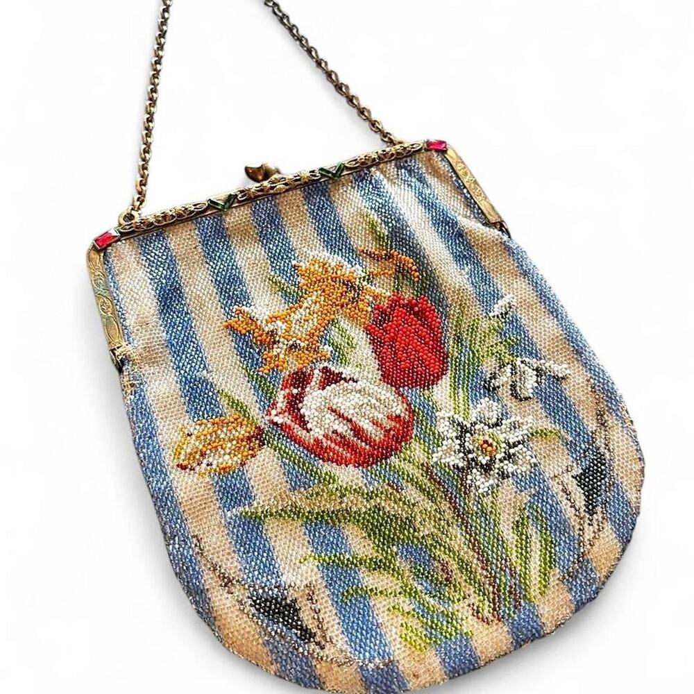 1920s-40s Floral Micro Beaded Evening Bag Art Deco Chain Purse